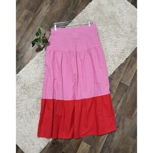 MVN The Label 12 Pink Red Colorblock Linen Blend Pull On Callisto Midi Skirt